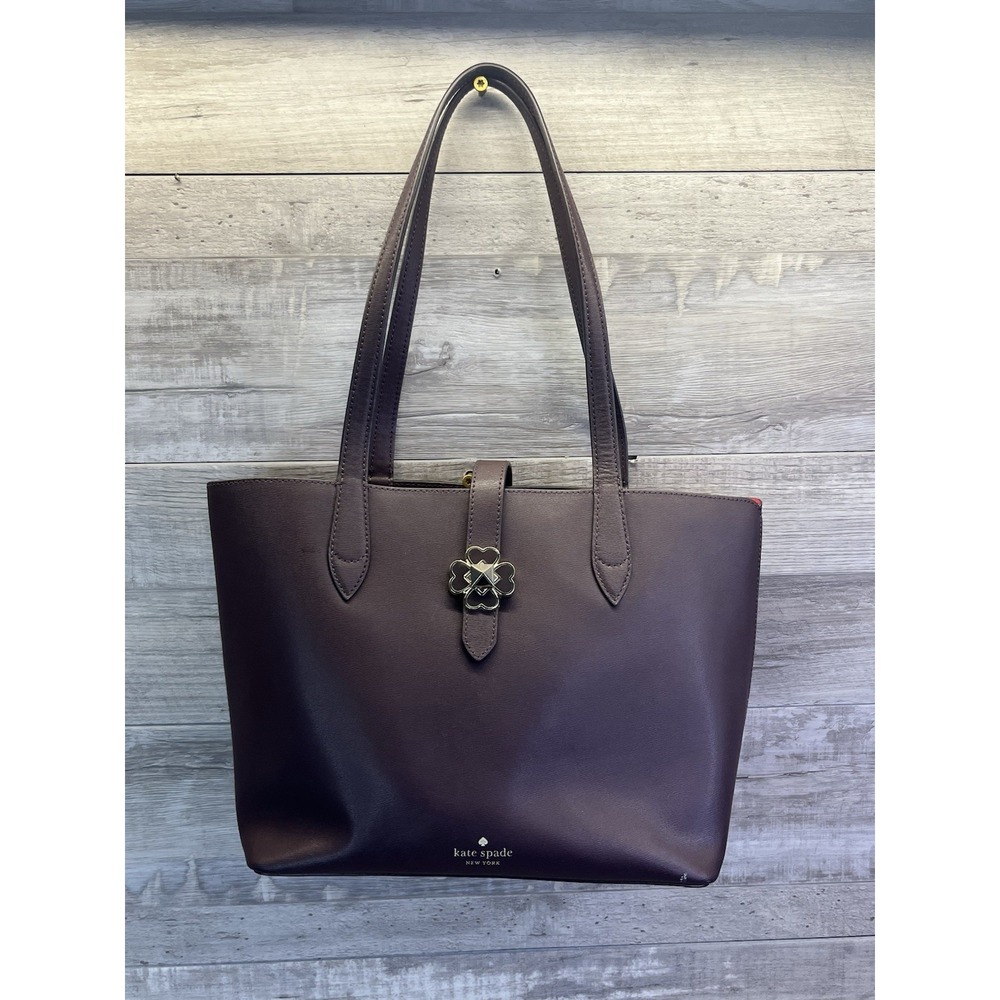 Kate Spade New York Kaci Tote Bag Chocolate Cherry Leather Gold Clover Purse